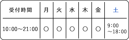 受付時間：月～金10:00～21：00、土9:00～18:00.休業日：日曜・祝祭日